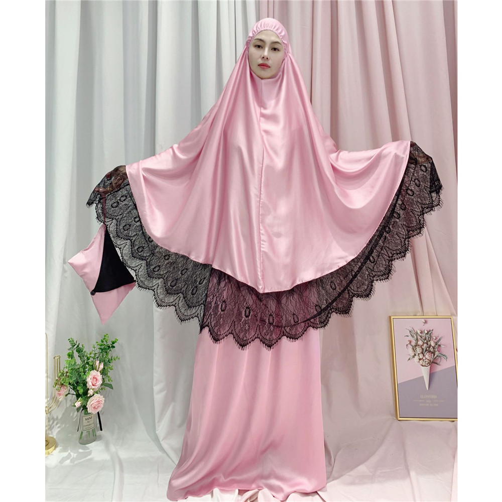 Ramadan kvinnor 2 delar muslimsk bönset khimar abaya overhead hijab+kjol heltäckande islam kläder mellanöstern gudstjänst: 036 02 rosa