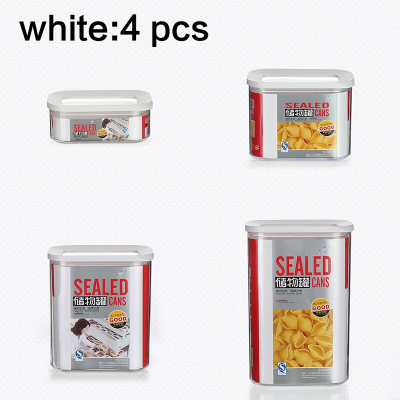 0.45L 1.0L 1.5L 2.0L square transparent plastic food storage tank kitchen storage container Sunroof sealed cans: 4pcs white