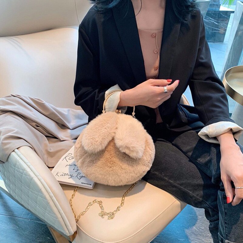 Hocodo Faux Fur Pluche Crossbody Tassen Voor Vrouwen Konijnenoren Leuke Tassen Keten Messenger Bag Dames Handtassen En Portemonnees bolsas