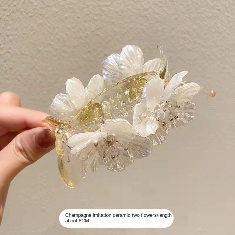 Ball Head Grab Clip Female Summer Net Red French Temperament Imitation Ceramic Flower Lazy Hair Clip Back head hair clip: Silver