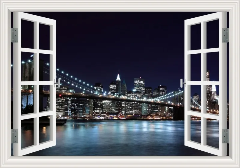 3D Window View wall Sticker York Brooklyn Removable Night Wall Art Wallpaper Kitchen Room decor aesthetic poster prints: 28x40inch 70x100cm / W0155