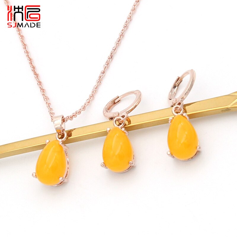 SJMADE Koreaanse Mode Water Imitatie Ambers Dangle Oorbellen Sieraden Sets Voor Vrouwen Meisjes Sieraden 585 Rose Goud Eardrop