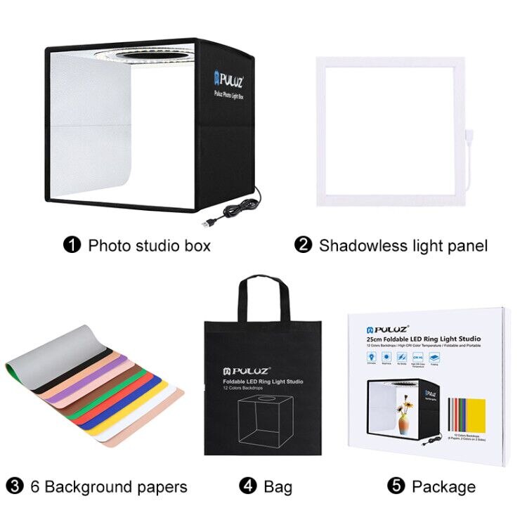 PULUZ 25cm Photo Studio Light Box with 12 Colors Background Mini Tabletop Lightbox Photography Soft Shooting Box Tent Ring Light: Add Shadowless Light