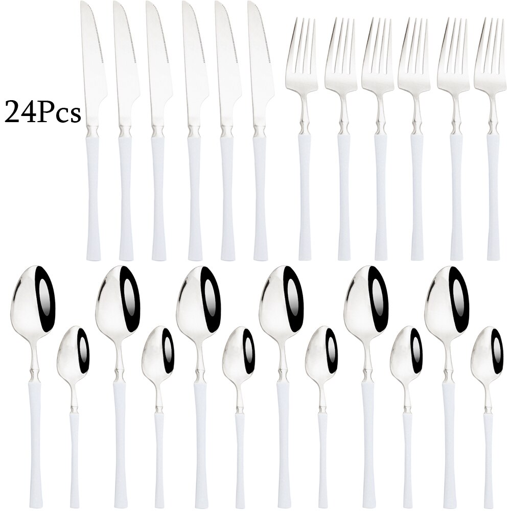 Couverts arc-en-ciel en acier inoxydable 304, 24 pièces, miroir, vaisselle, couteau, fourchette, cuillère à thé, couverts de cuisine, service d'argenterie: White silver