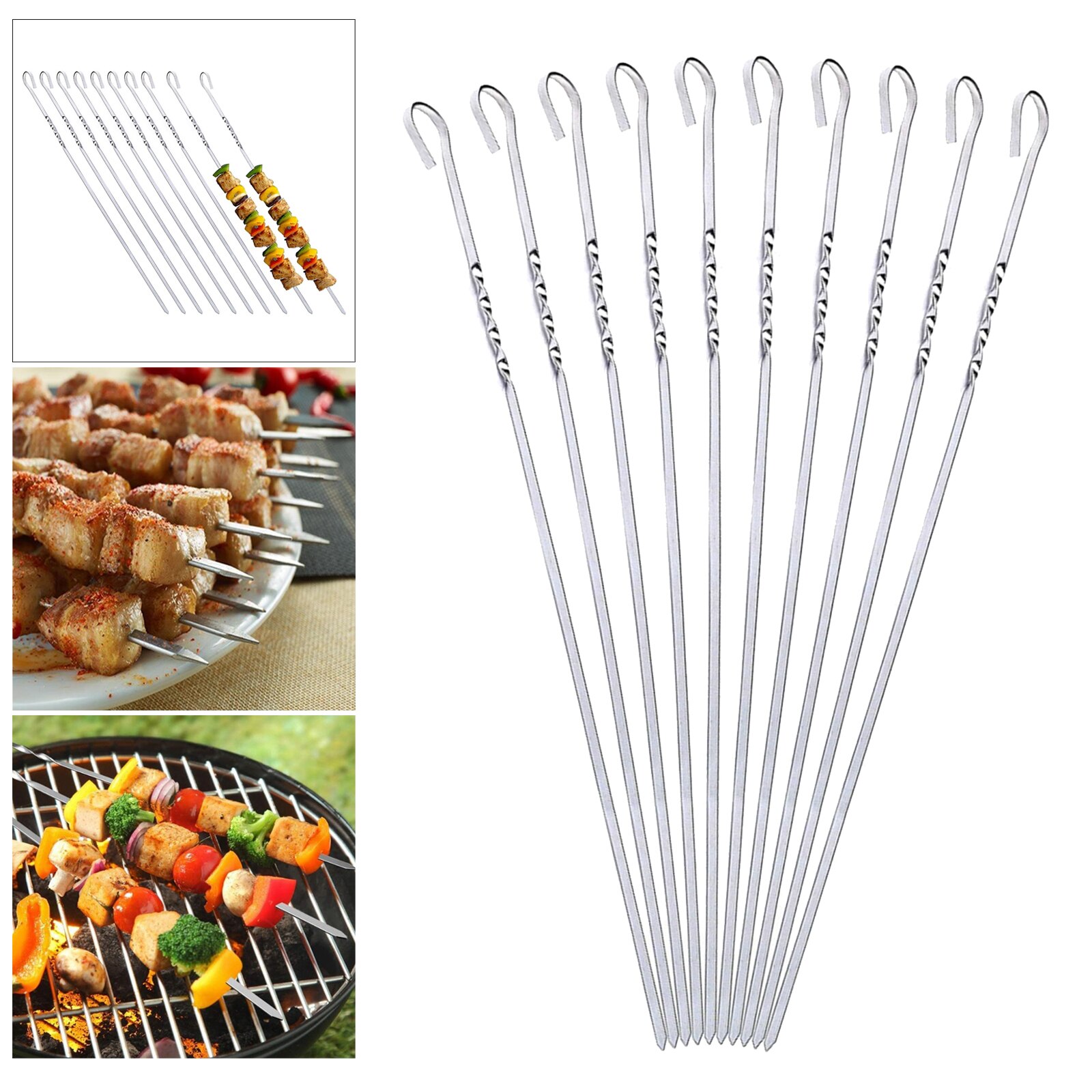 Pinchos para parrilla de barbacoa, varilla para pinchos de acero inoxidable, 10 unidades