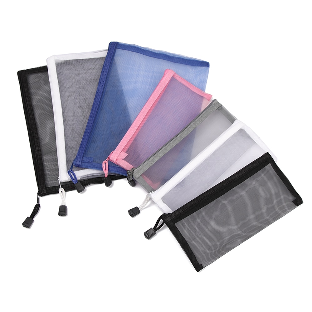 Simple Transparent Zipper Pocket Pencil Case Nylon Mesh Document File Bag Storage Pouch School Office Supplies