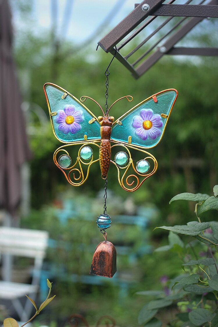 Smeedijzeren Kleur Glas Grote Vlinder Tuin Decoratie Outdoor Pastorale Stijl Wind Chime Idyllische Hanger Ornamenten