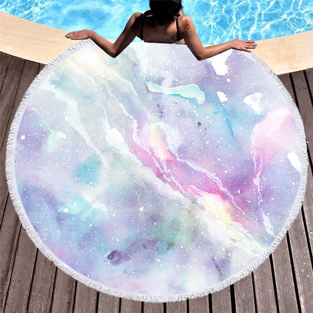 Serviette de plage ronde en microfibre pour adultes, motif de marbre coloré imprimé en 3D, tapis de Yoga avec pampilles, été, 150cm, T609: 13