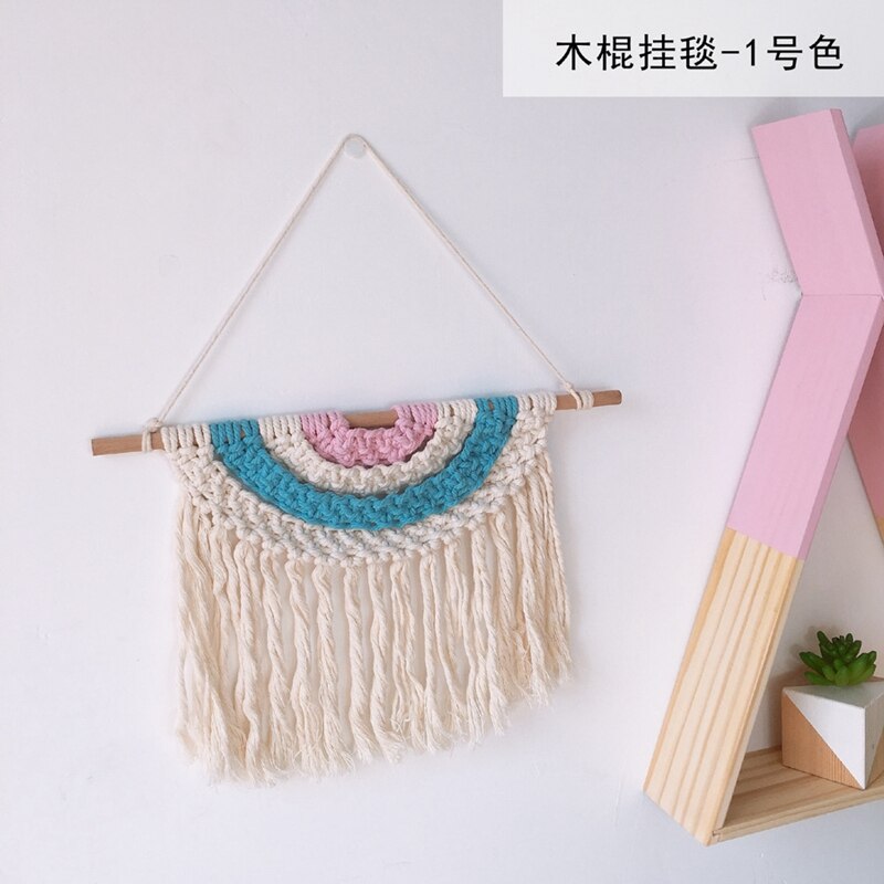 Babykamer macramé gebreid wandkleed met kwastje bohemian handgemaakte gevlochten regenboog houten wandhanger kunst kinderkamer boho decoratie