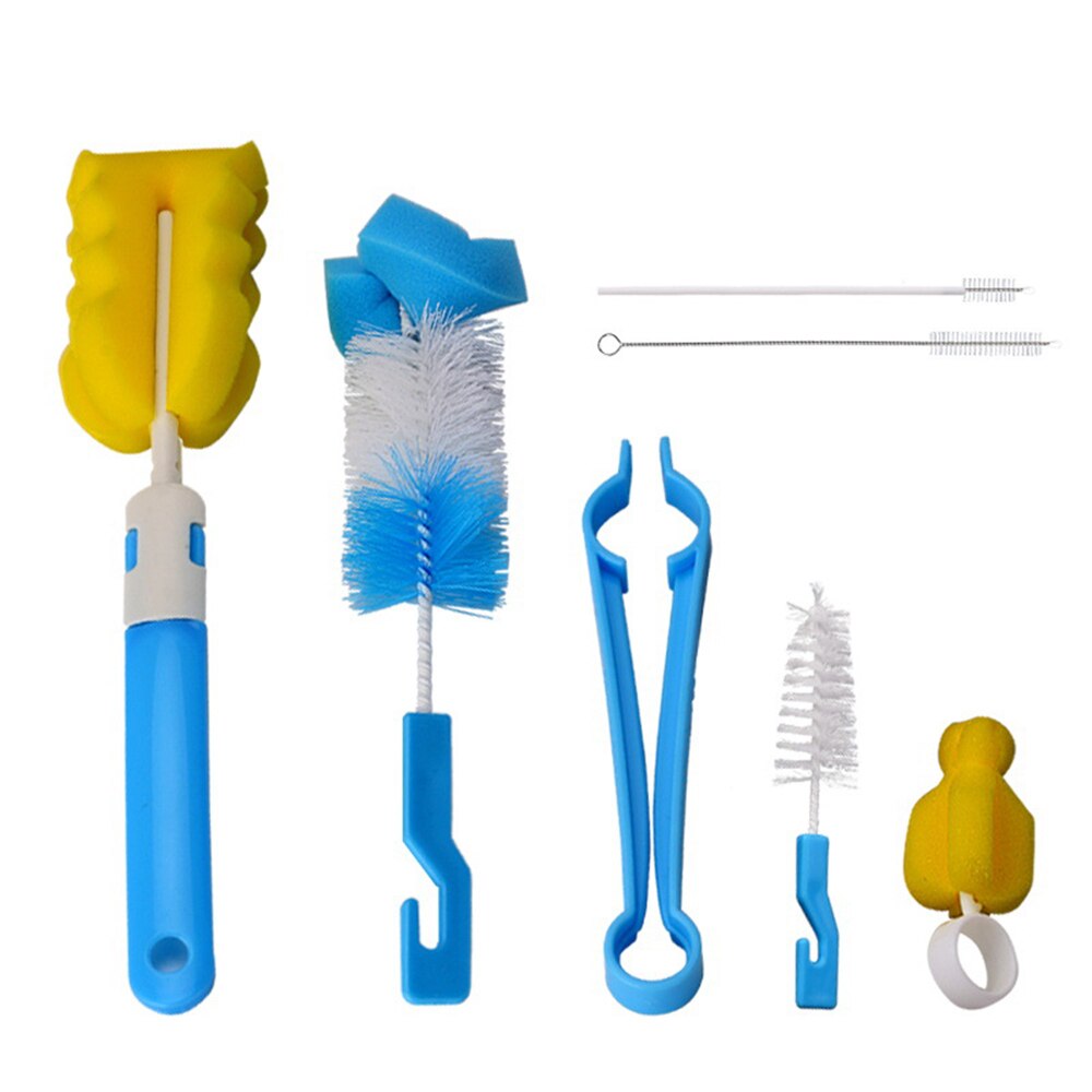 7Pcs Baby Feeding Bottle Brush Set Baby Nipple 360-degree Rotating Clean Sponge Spout Cup Brush Kit Bottle Cleaning Tool: Blue