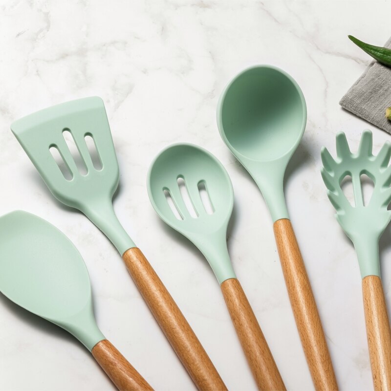 Grön silikon köksredskap verktyg tillbehör non-stick kokkärl set spatel slev äggvispar spade köksredskap