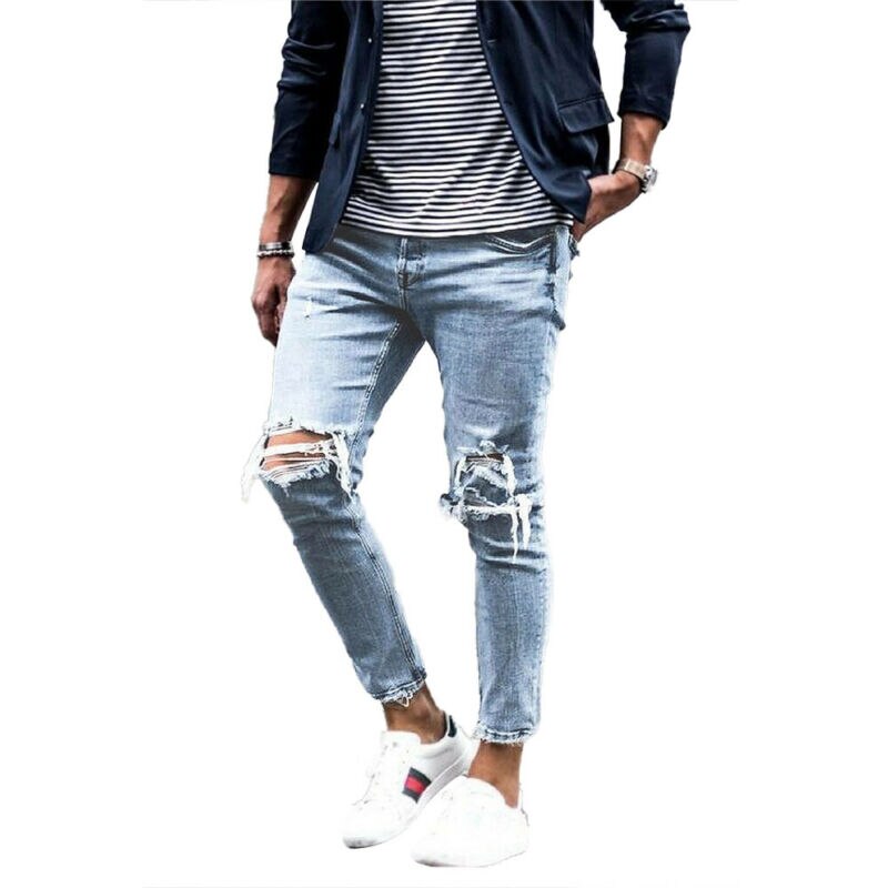 Mens Skinny Slim Fit Ripped Jeans Stretch Biker Distressed Casual Denim Pants: S