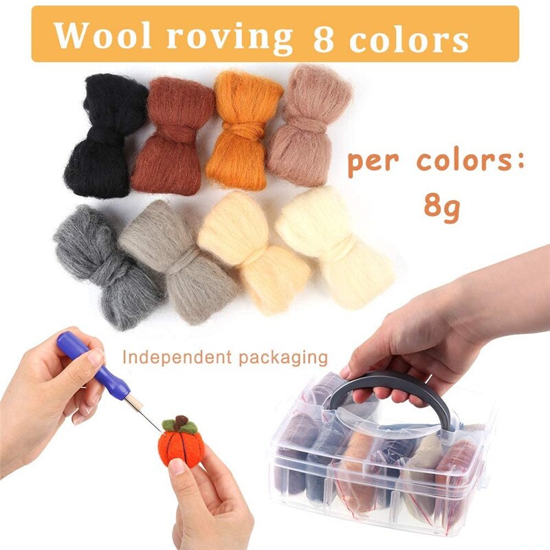 Nonvor nålefilt starter kit , 8 farver uld roving til nålefiltning, fiberuld garn roving med plast opbevaringsboks