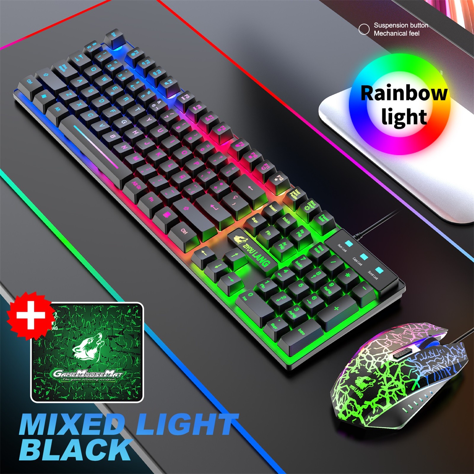 RGB Spanish Gaming Keyboard Computer Mouse Gamer Sets 104-key Backlit PC Keypad Wired Gaming Mouse For PC Laptop клавиатура: C Rainbow Light