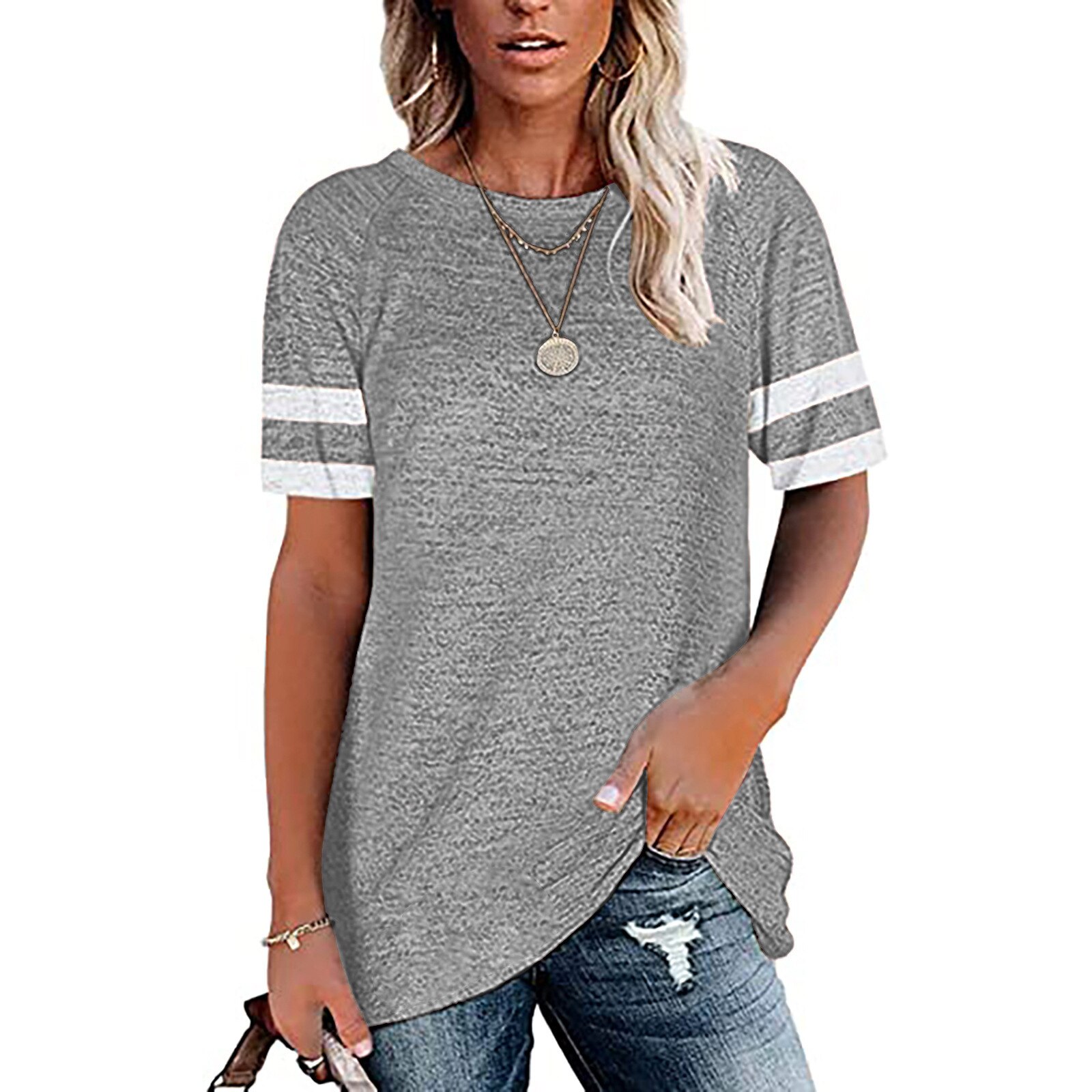 d'été en Europe et en Amérique de hauts manchon d'épissure pure couleur loisirs col rond manches courtes T-shirt
