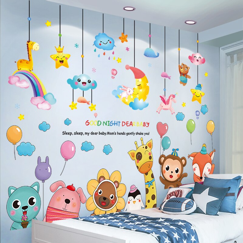 [Shijuekongjian] Cartoon Dieren Ballonnen Muurstickers Diy Wolken Maan Muurstickers Voor Kinderen Slaapkamer Babykamer Huis Decoratie: Stars and Animal