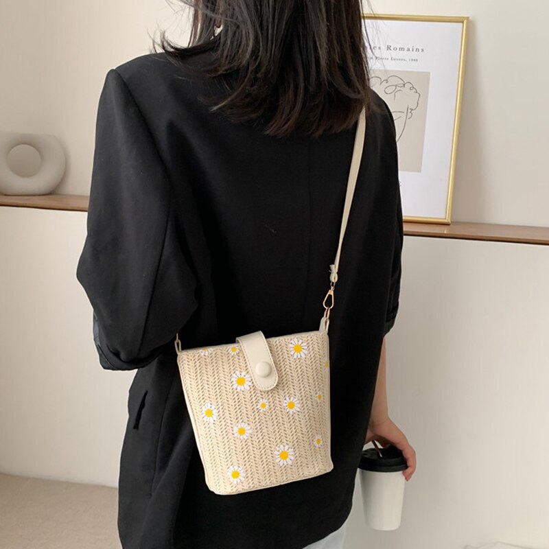 Petite marguerite paille tissé sac besace femme chaine sac seau sac bohème sac cartable