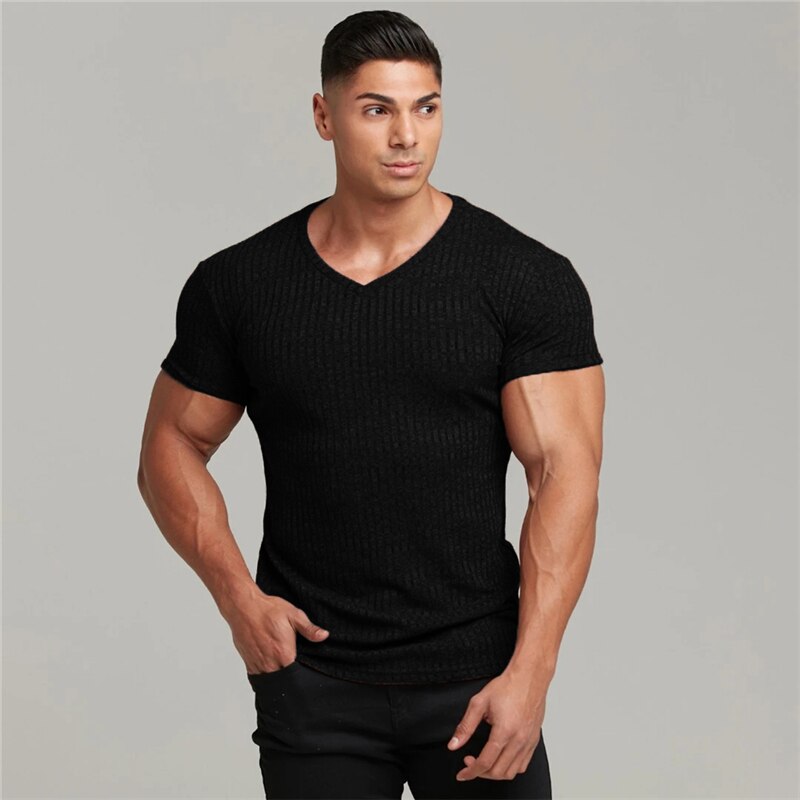 Zomer hardloopshirt met v-hals en korte mouwen, gebreid t-shirt voor heren, sportshirt, slim fit t-shirt, fitness, bodybuilding, trainingskleding: V-hals zwart / M