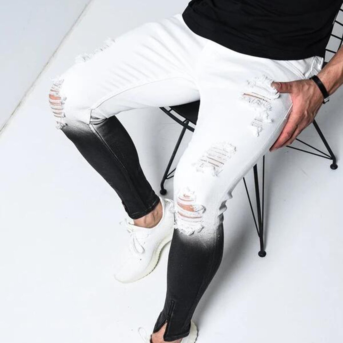 Hip Hop hommes jean déchiré trou Denim pantalon dégradé couleur Denim pantalon en détresse jean pantalon fermeture éclair pantalons Vaqueros Hombre