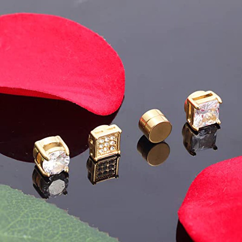 4 Pairs Van Rvs Magnetische Oorbellen Voor Mannen En Vrouwen Gold Cz Niet-Geperforeerde Clip Oorbellen Set 8mm