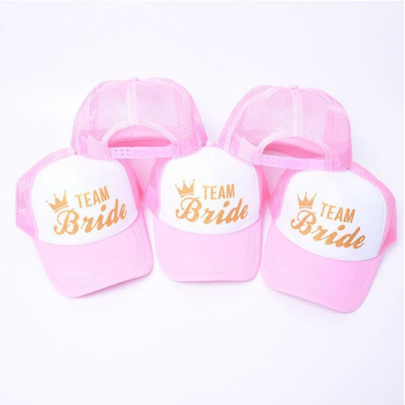 Bryllupsfest brud mesh snapback rosa lue cap wedding club gull brev trykt team brud baseball lue sommer trucker cap bein