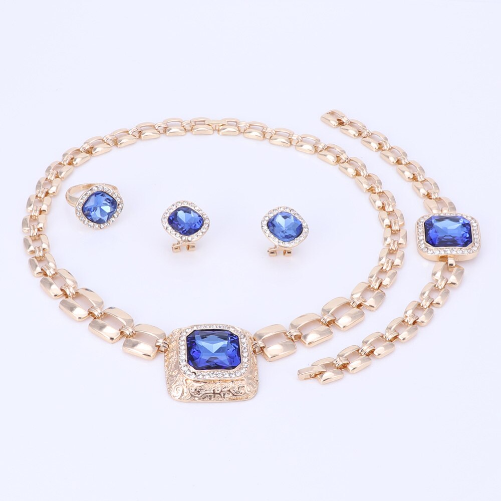 Afrikaanse Kralen Sieraden Sets Voor Vrouwen Jurk Accessoires Goud Kleur Crystal Wedding Bridal Ketting Oorbellen Armband Ring Sets: Blue