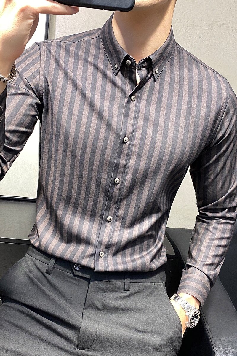 Britisk stil koreansk slim fit langærmet herrer stribede skjorter smoking til mænd tøj enkle afslappede forretningsbluser