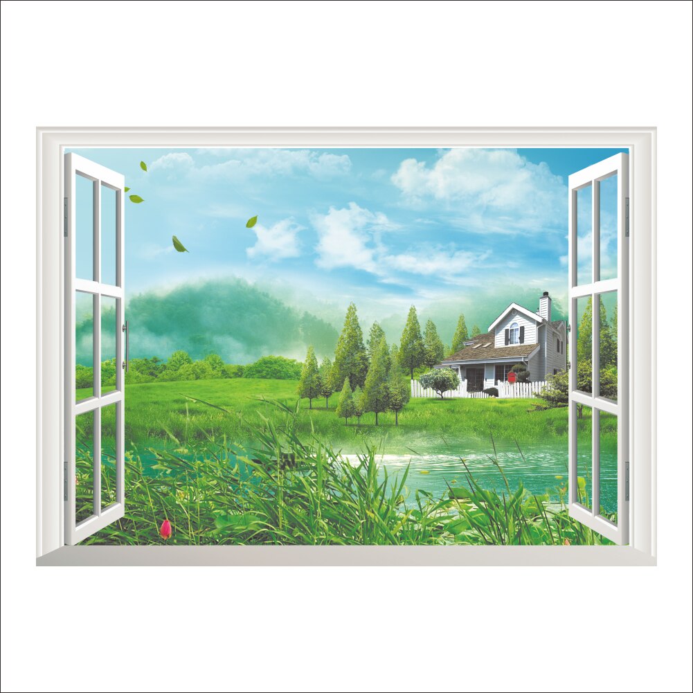 3d raam gebroken muur boslandschap in vier seizoenen landschap muursticker groene boom verwijderbaar behang huissticker huisdecoratie: 14145