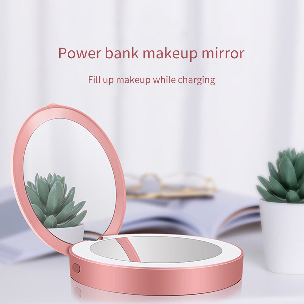 Mini portátil redondo HD maquillaje espejo Power Bank LED espejo de belleza plegable USB recargable viaje maquillaje herramientas cosméticos espejos