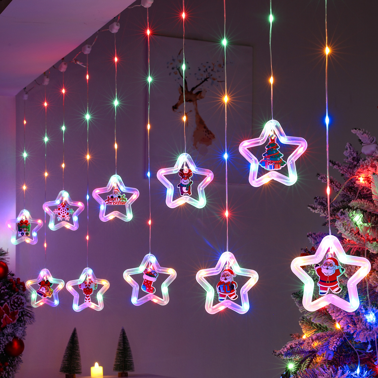 Julegardinlys til vindu, hengende lys med julenissen, innendørs ,3m, 100 led-lys med , 8 moduser, stjernegardin: Blå