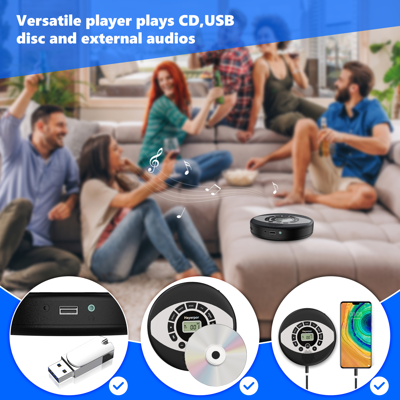 Discman rechargeable cd walkman with speaker portable cd player with USB,anti-skip protection,earbuds included,cd player for car
