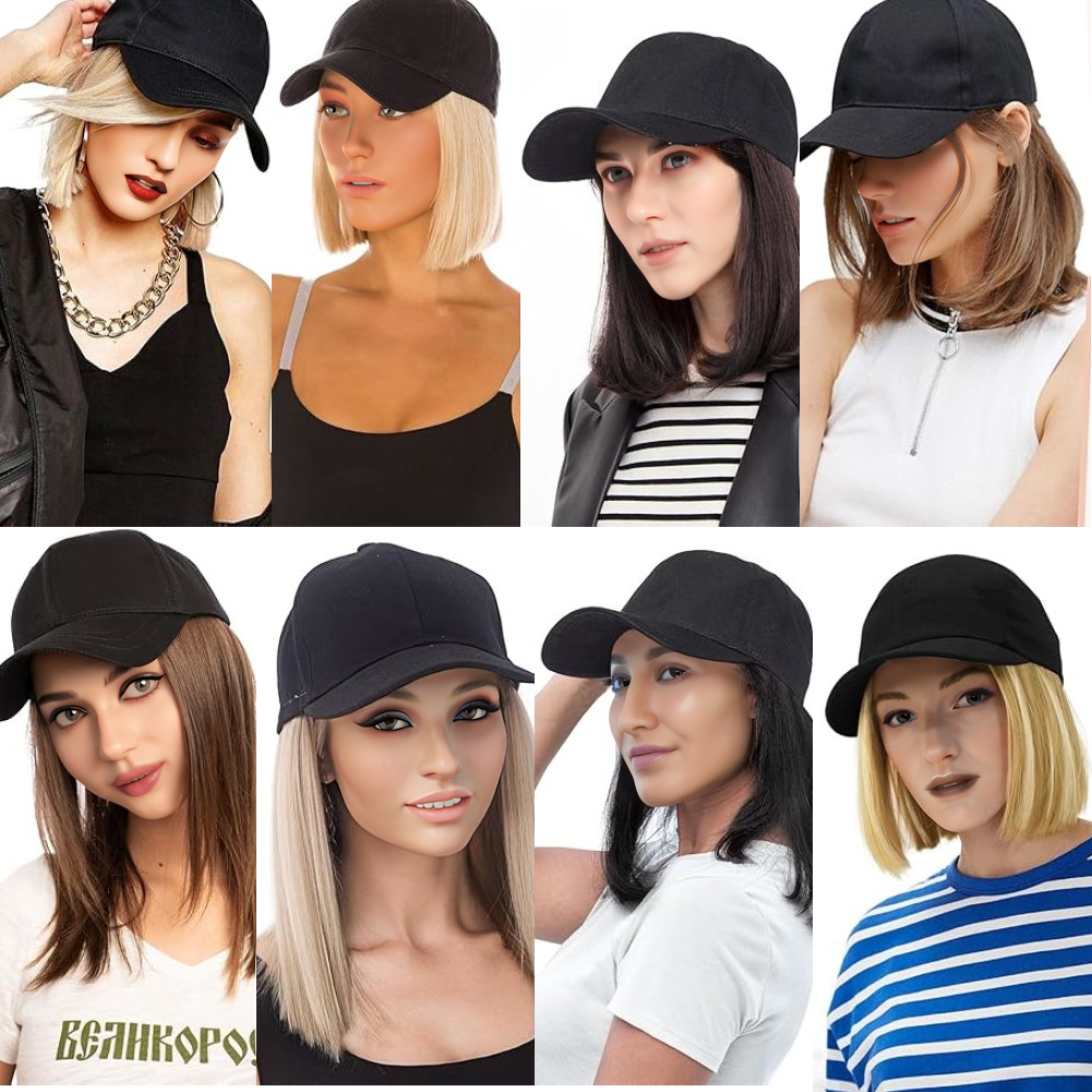 Gorra de béisbol con extensiones de cabello sintético, peinado Bob corto liso, peluca extraíble ajustable, sombrero de 10 pulgadas para mujer y niña