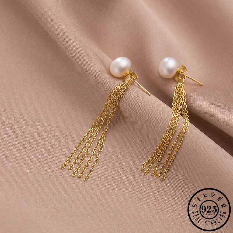 925 Sterling Silver 7mm Round White Natural Freshwater Pearl Earings Gold Color Plated Tassel Party Earrings Jackets for Women