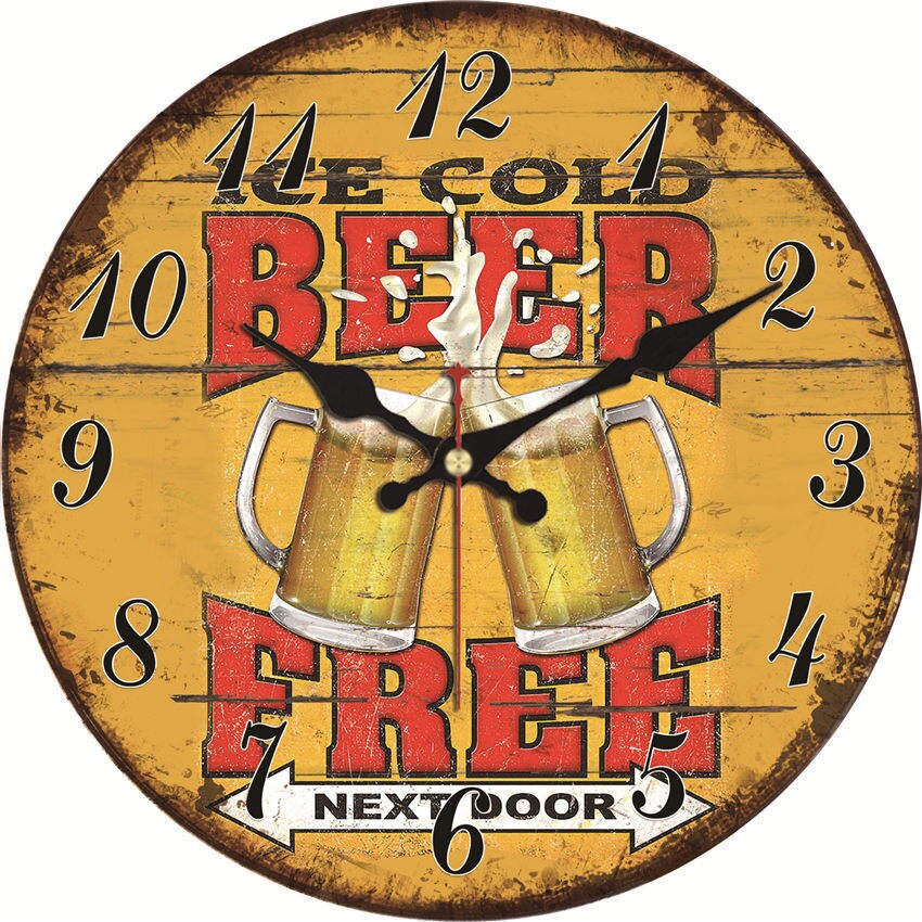 Vintage Kitchen Woodenl Wall Clock Retro Beer Free Cheer Up Quartz Silent Round Wall Clock Battery Operated Non-Ticking: 23924 / 14inch(34cm)
