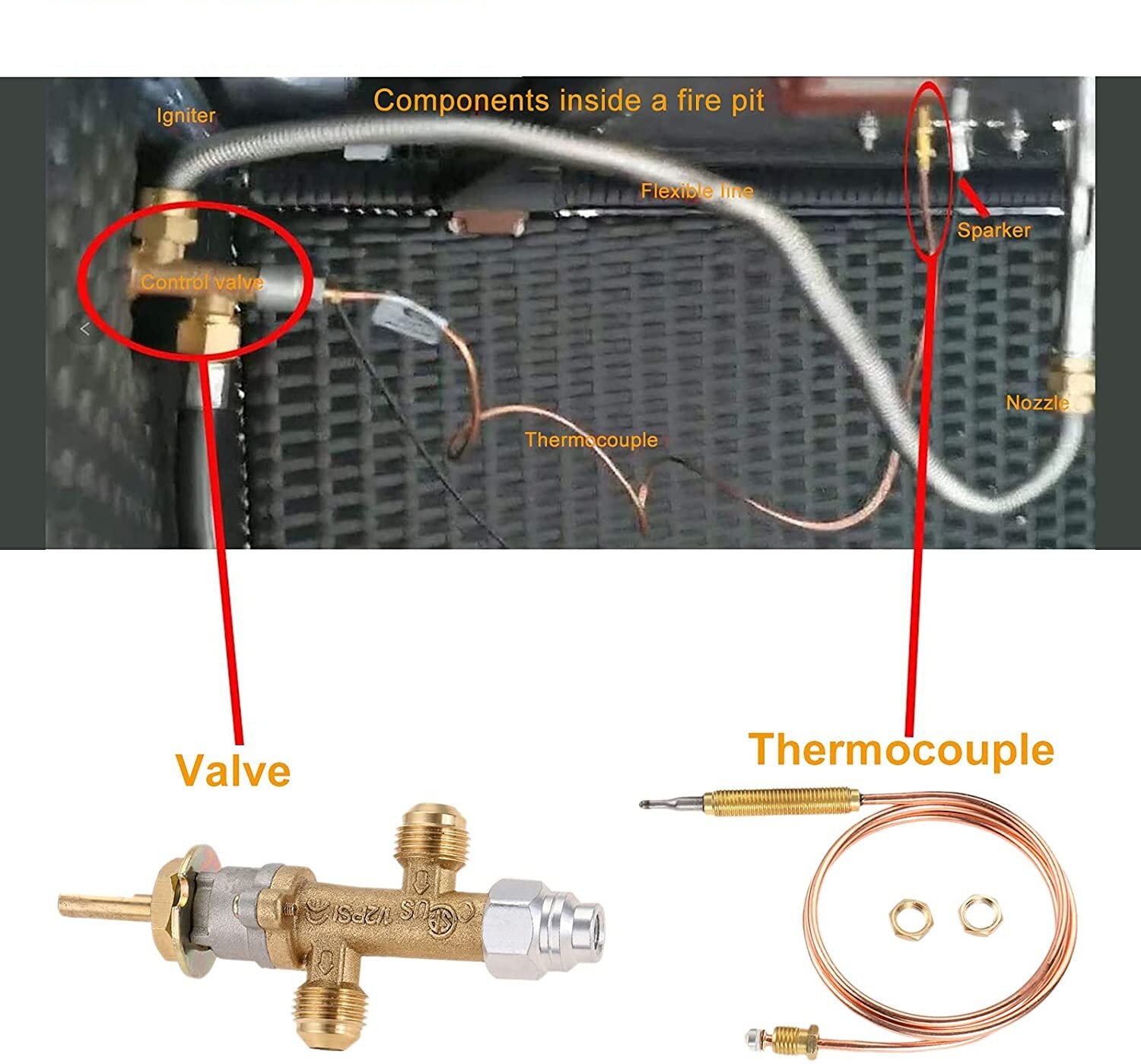 7pcs/kit Flame Failure Safety Control Valve Kit Low Pressure LPG Propane Gas Fireplace Fire Pit Igniter Assembly Grill Heater
