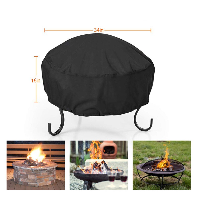 Fire Pit Cover Round 34X16 Inch Waterproof 210D Oxford Cloth Heavy Duty Round Patio Fire Bowl Cover Round Firepit Cover Black