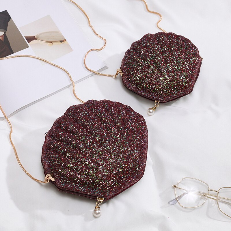 Paljettväska skalväska sommar läder handväska dam kedja axel messenger bag crossbody bolsos mujer: Vinröd stor