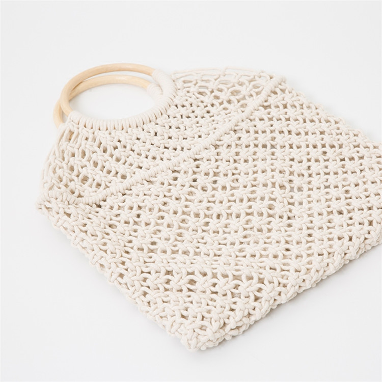 Popula Cotton Rope Hollow Straw Bag Sheer Macrame Tote wooden ring rattan handle Net Bag Vintage Retro Chic handbag: White white handle / no lining