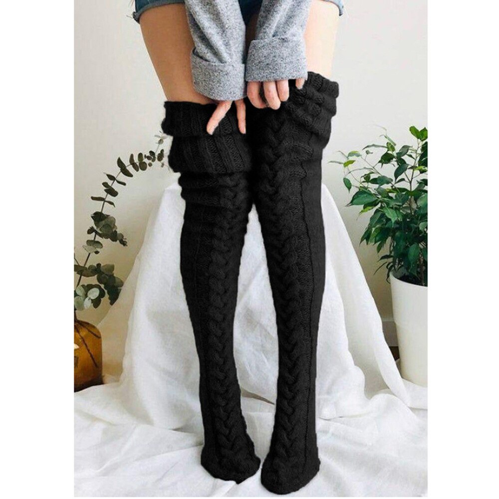 Wełniany ogrzewacz do stóp pończochy jesienne i zimowe jednokolorowe podkolanówki pończochy stos pończochy grube skarpetki damskie Legwarmers: Black / M(85 CM)