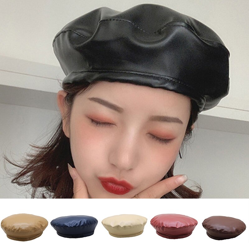 Gorro plano de cuero clásico Cortex, gorras para sol, boinas, gorro redondo, Primavera Verano, mujeres, Coreano sólido, informal, de tocado salvaje
