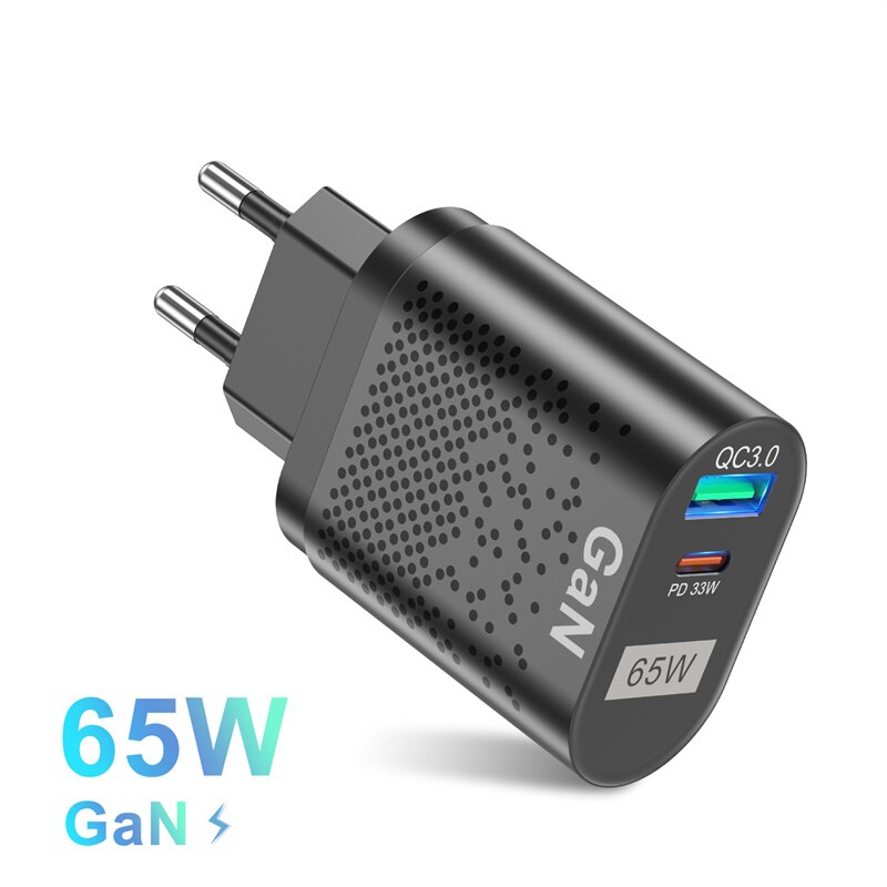 Ładowarka UKGO 65W GaN typ C PD USB QC 4.0 QC 3.0 szybka ładowarka przenośna ścienna do iPhone 13 12 Samsung Galaxy Macbook iPad: EU Plug Black