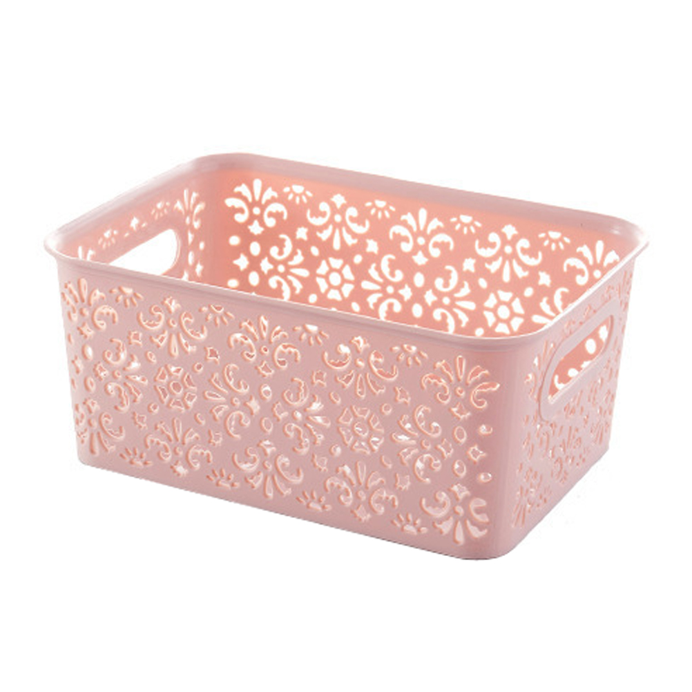 Caja de almacenamiento de plástico, contenedor de almacenamiento apilable, cesta de almacenamiento delicada hueca con tapa para ropa, juguete, suministros para el hogar: Rosa