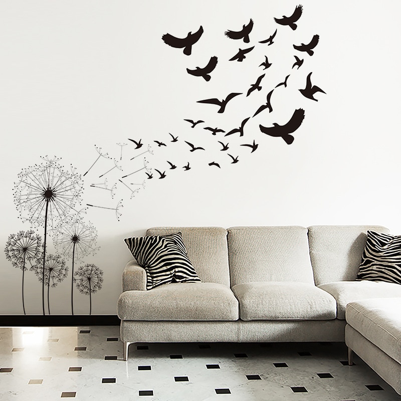 Autocollant mural de pissenlit en forme d'oiseau, , décoration pour le salon, l'arrière-plan du canapé, la chambre à coucher