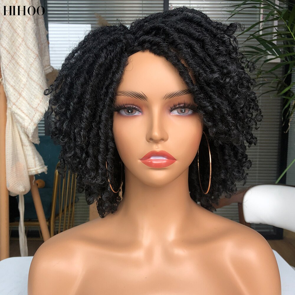 Hihoo Dreadlock Curly Wig Soft Short Synthetic Natural Hair Wigs With Bangs For Black Women Ombre Crochet Twist Hair Wigs 14'': 1B