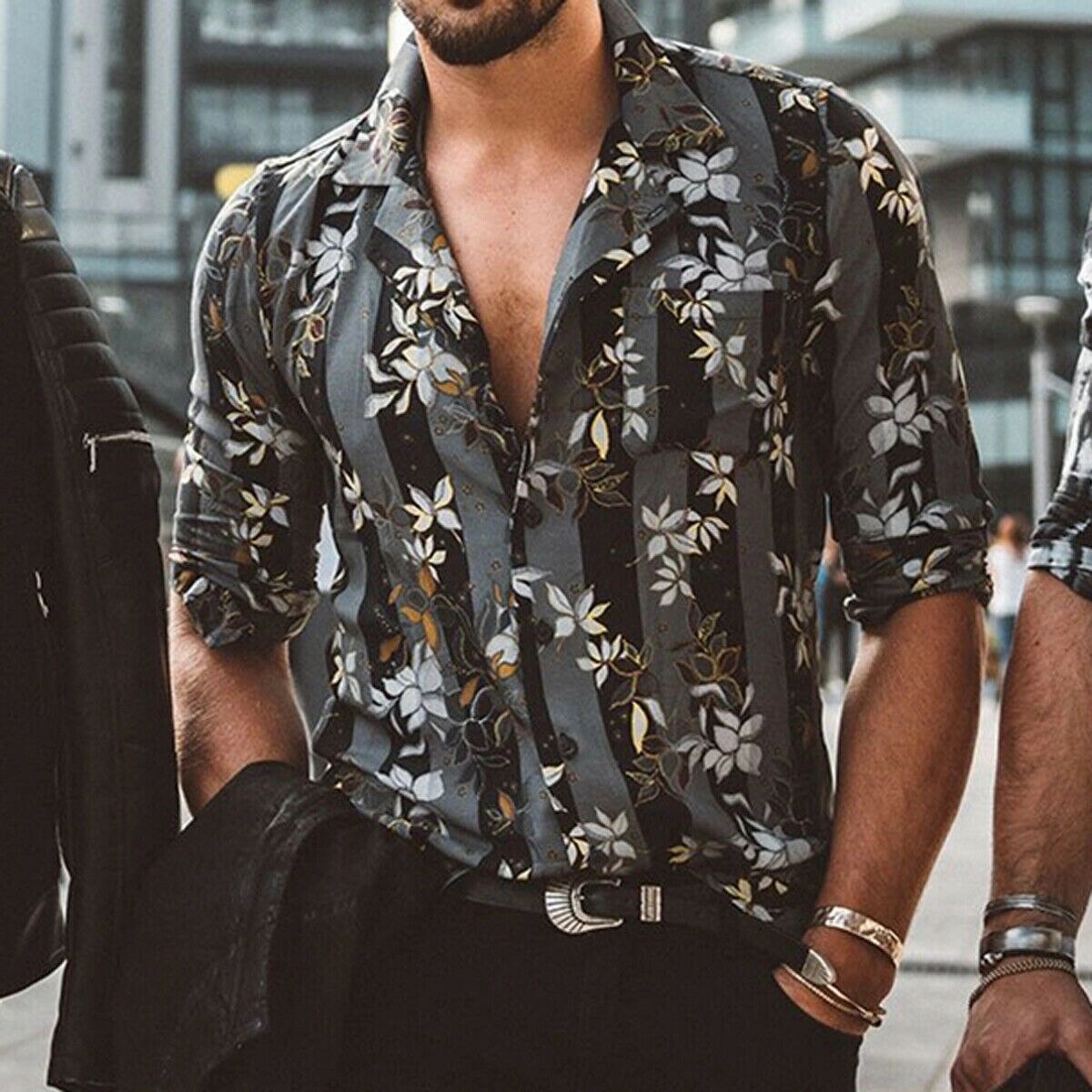 Heren bloemen lange mouwen omslagkraag spieroverhemden heren zomer casual chique overhemden plus maat m -2xl: 4 / Xxl