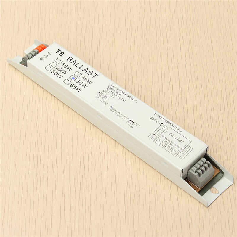 Balastro T8 para lámparas fluorescentes, dispositivo electrónico de amplio voltaje 220 a 240V CA, para 2x 18W, 2x 30W, 2x 36W y 2x 58W