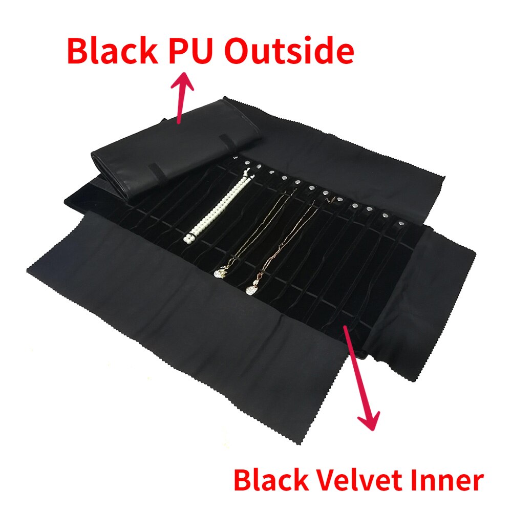 Black Velvet Jewelry Roll Bag for Jewellery Pendant Organizer Storage Bag Portable Necklace Display Cases: All Black PU