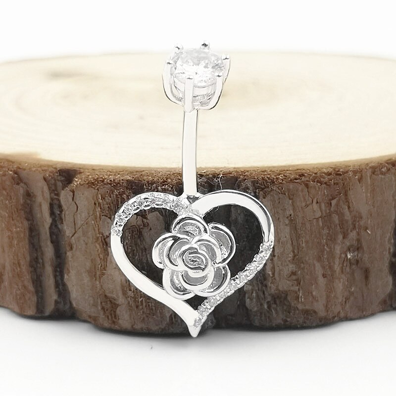 Heart Rose Navel Ring - 925 Sterling Silver - Body Jewelry - Pin Length 6/8/10mm
