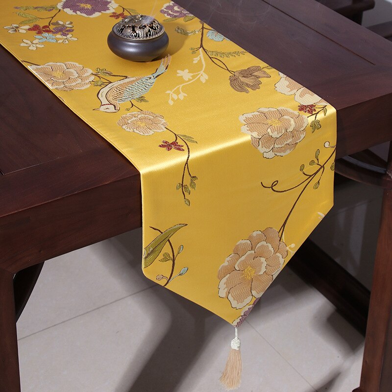 Chinese Style Magpie and Flowers Table Runner Bird Treetop Embroidery Table Flag Decoration for Party Wedding with Tassels: Yellow