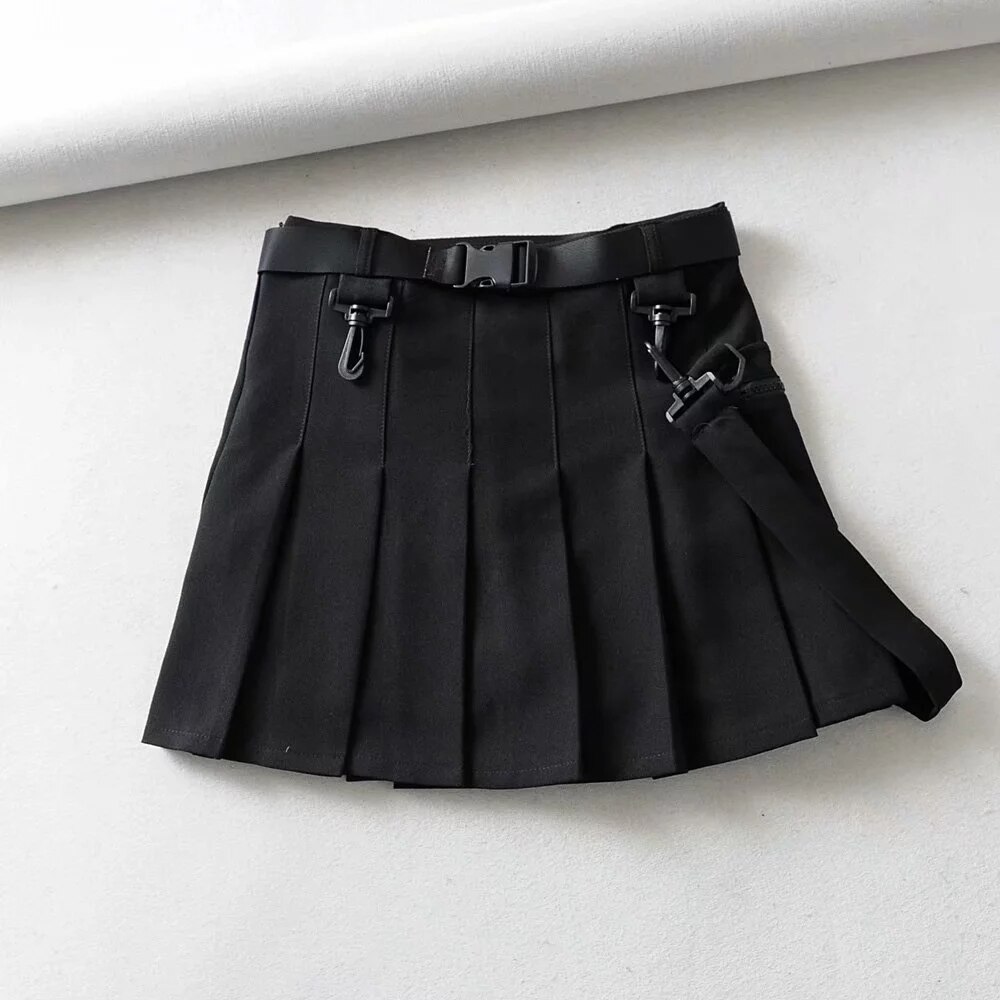 Faldas plisadas con cinturón Vintage para mujer, minifalda negra de cintura alta con bolsillos, ropa de calle, falda de Oficina Coreana,: Black / XS